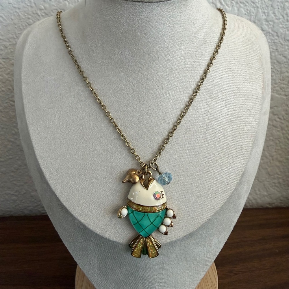 Vintage Betsey Johnson Sea Excursion Fish Necklace Blue Lucite Rhinestone Gold